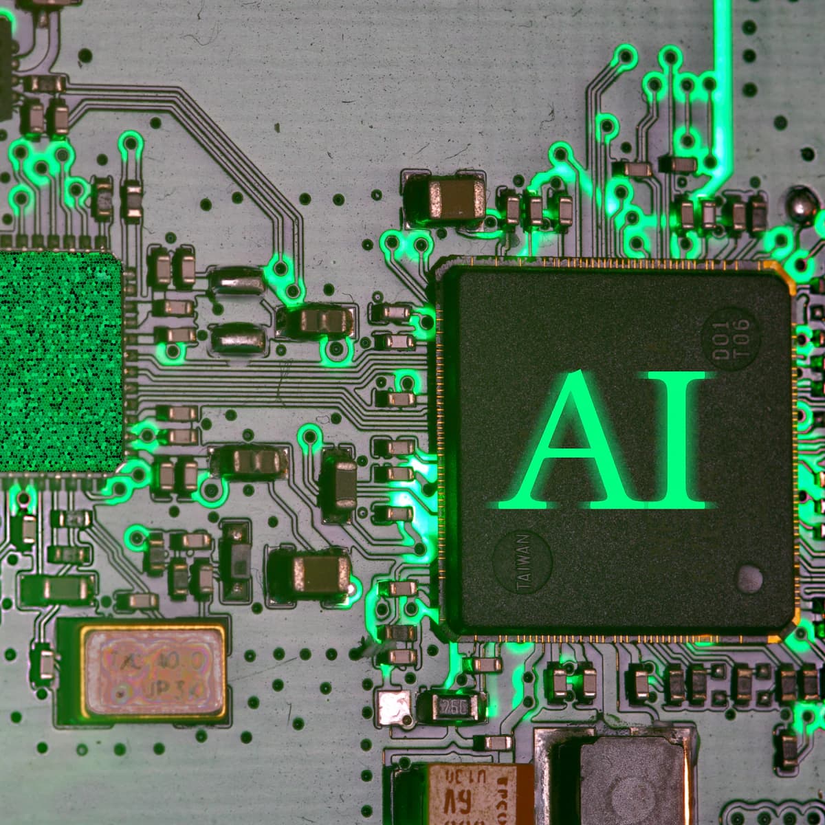 An AI processor on a circuit board with green illuminated connections