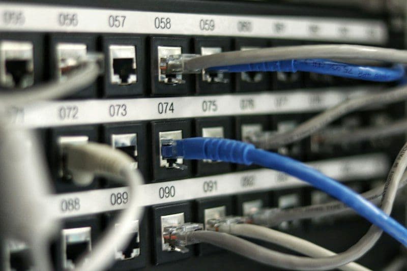 Modern cloud data center server racks with optical indicators